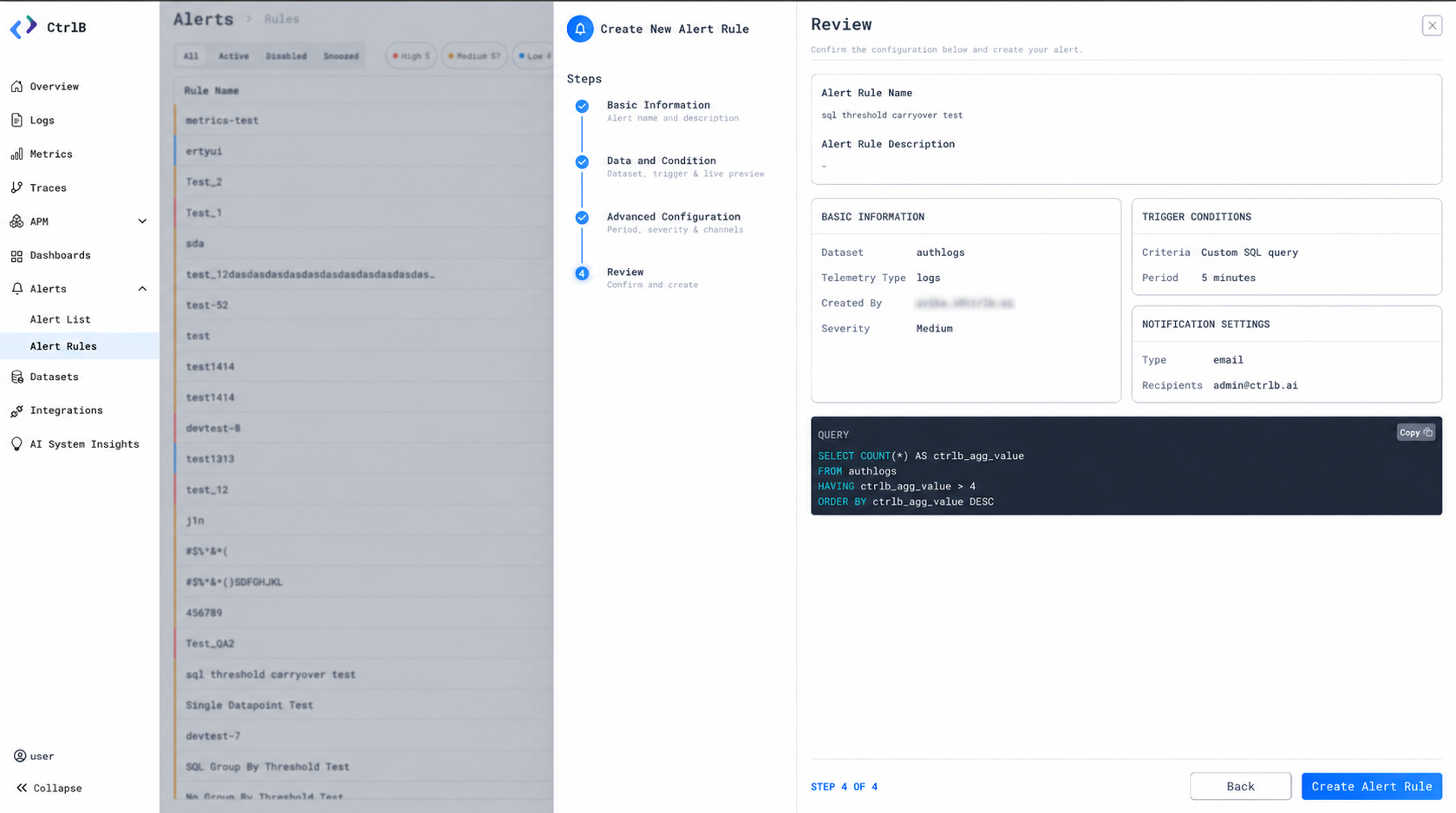 Review step before creating the alert rule