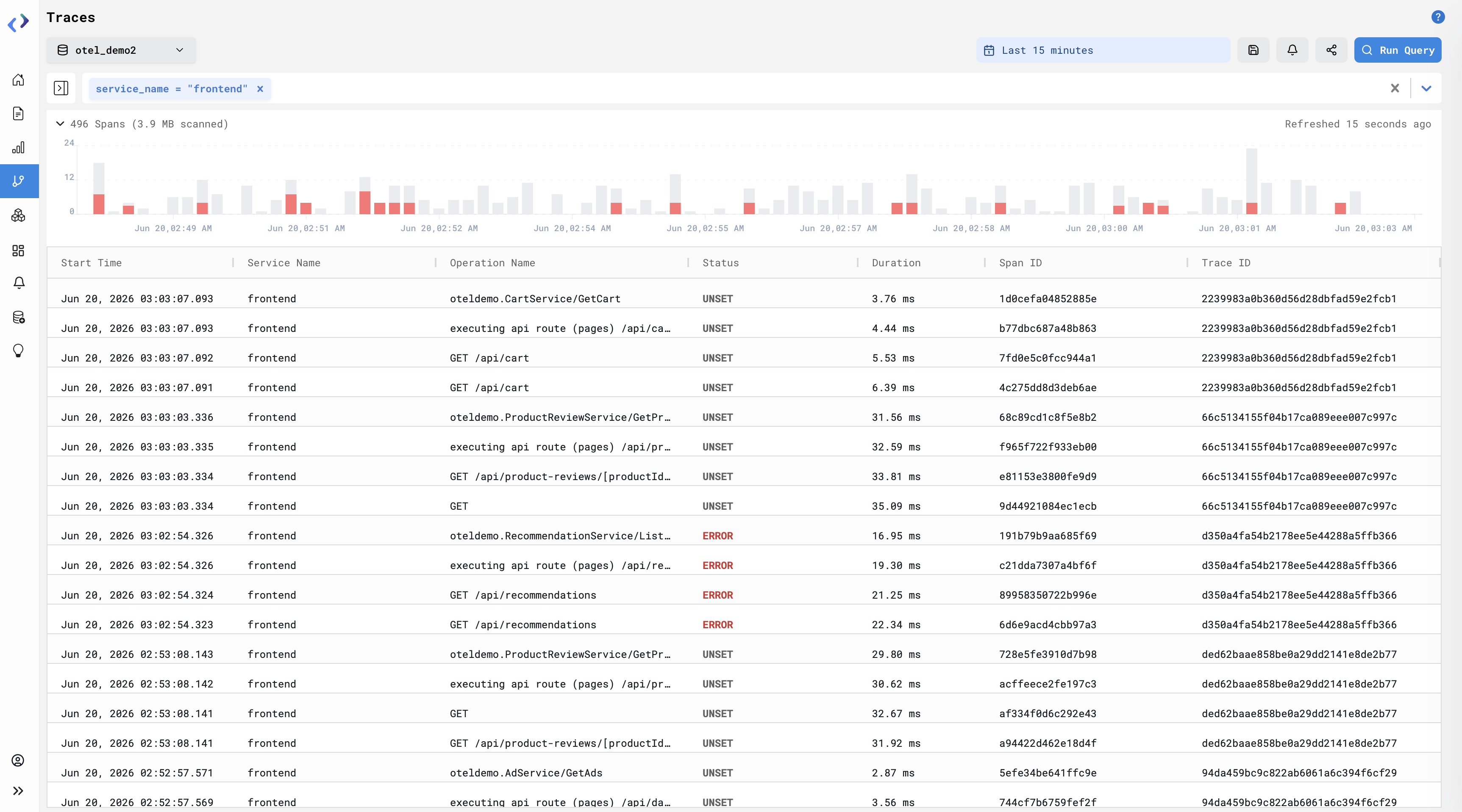 Traces page in CtrlB — filter by your service to view traces